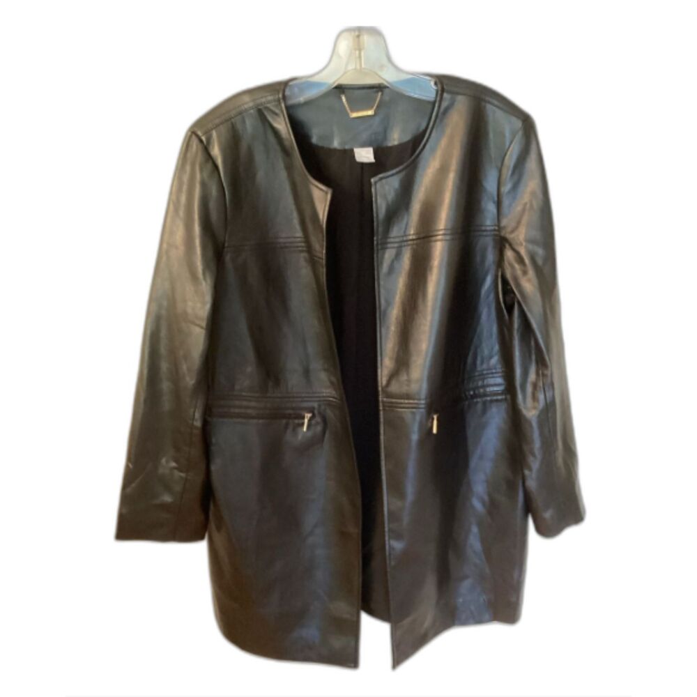 CHICOS 12/14P BLACK FAUX LEATHER CARDIGAN STYLE TOPPER LONGER LENGTH JACKET
